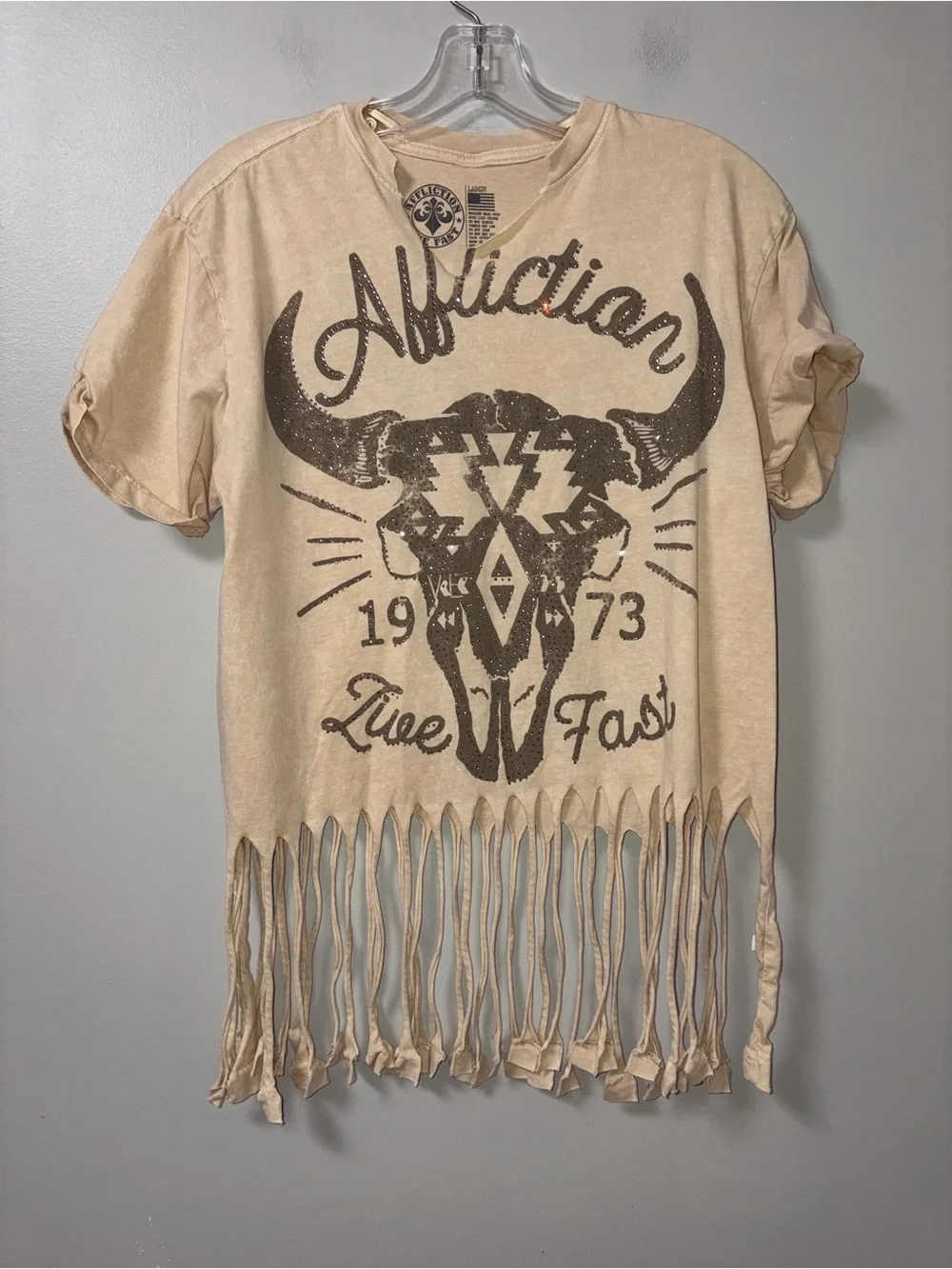 Affliction Sequin Phoenix Fringe T-Shirt Boho Festival Women’s L - Picture 2 of 4